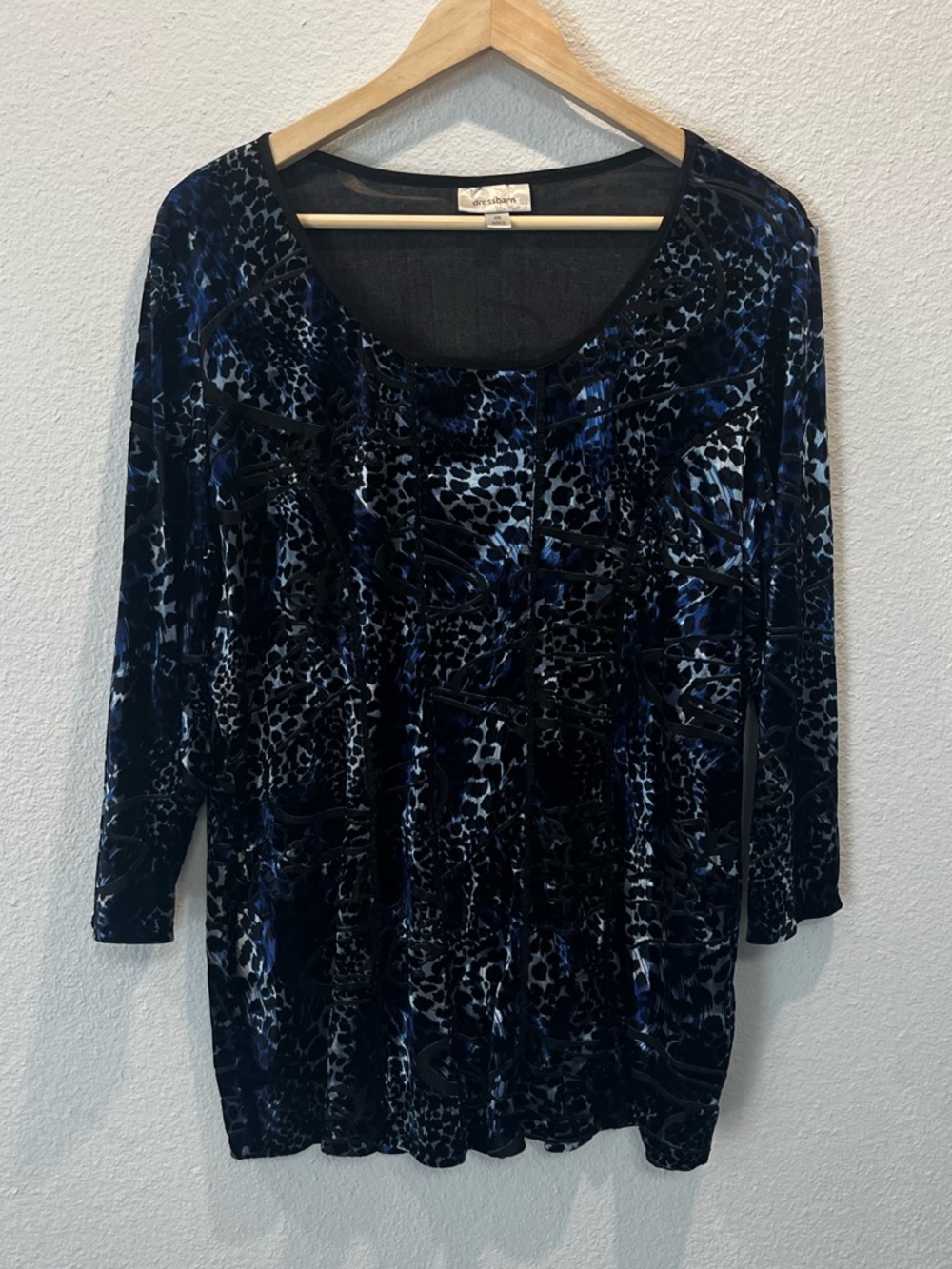 dressbarn Blue and Black Velvet Animal Print Scoop Neck Top